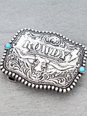 Rowdy Silver Western Belt Buckle with Turquoise Accents